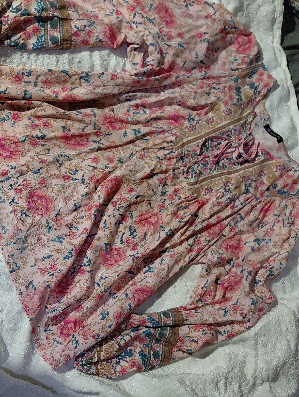 NWOT Boho Floral Pink Blouse with Embroidered Trim